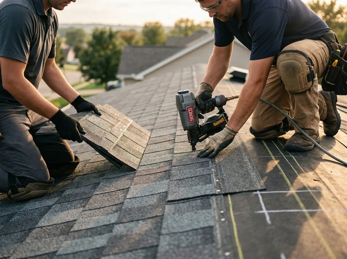 Professional roofer working on a residential roof in Oswego